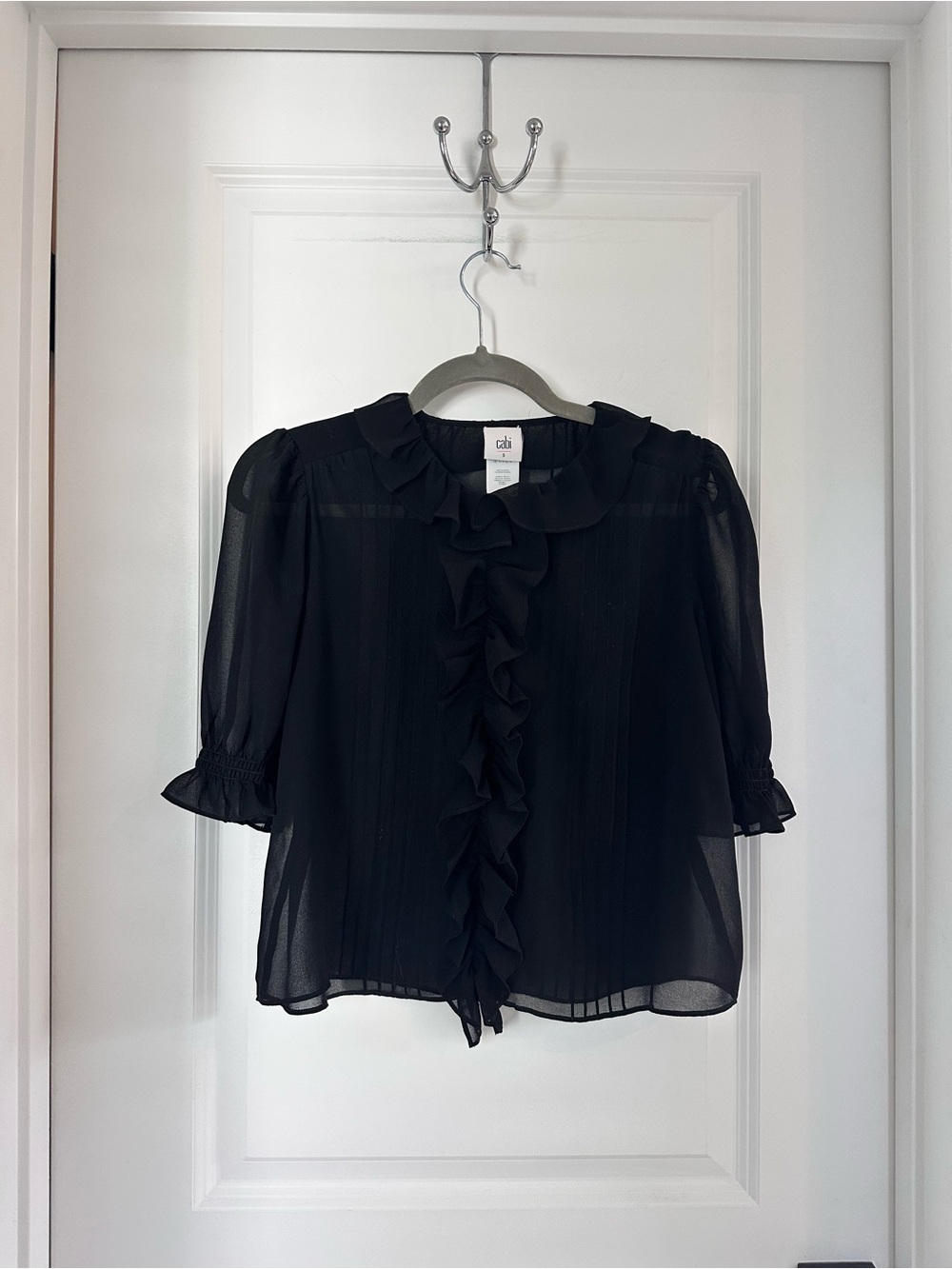 CAbi Black Ruffle-Front Sheer Blouse
